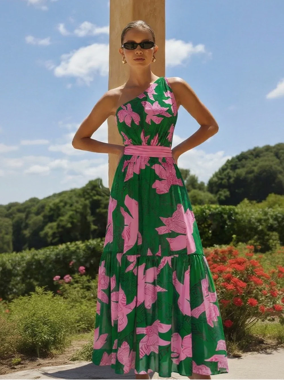 Green & Pink Floral One-Shoulder Swimsuit with Matching Skirt Size Medium